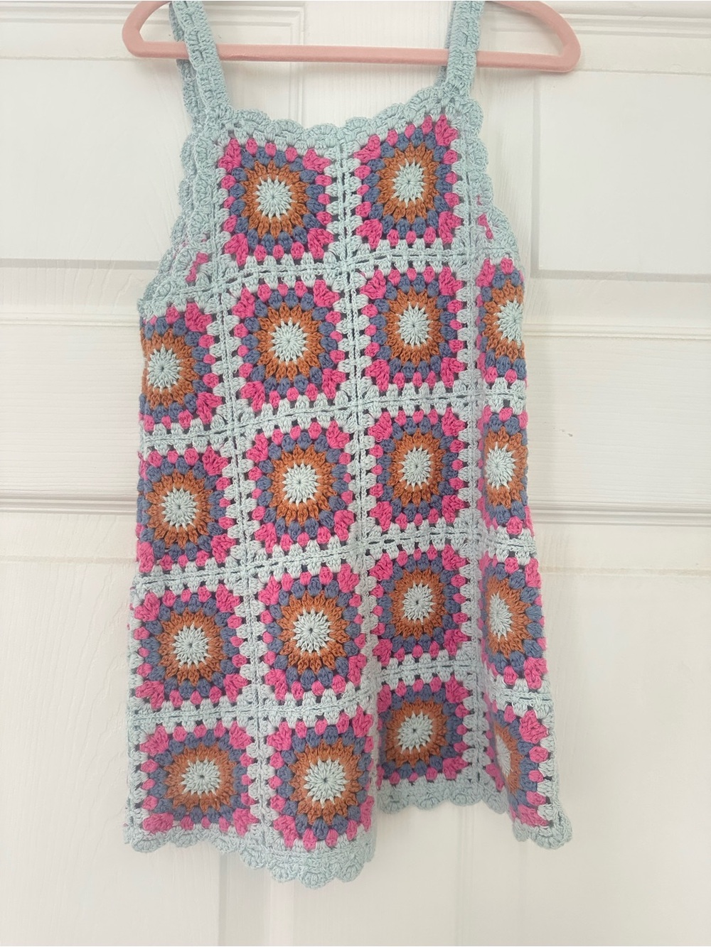 Zara Crochet Tank Dress in Light Blue with Pink and Brown Accents
